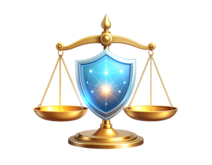 Golden scales of justice with a glowing blue digital shield, symbolizing legal technology and cyber security.