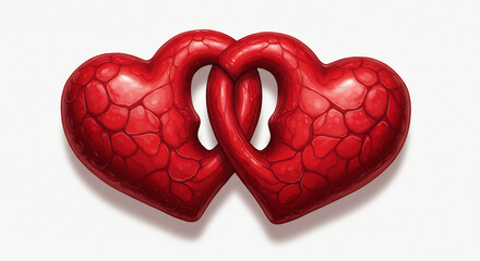 Vibrantly linked red hearts display intricate texture beautifully rendered with soft shadows creating depth. AI Generated