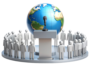 3D rendering of a global conference with a podium, microphone, and figures representing people around the Earth.