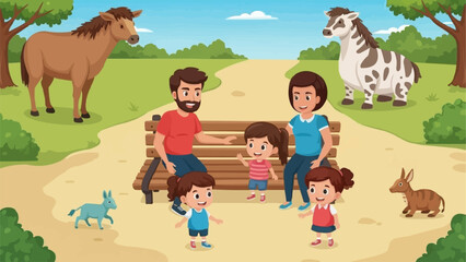 Naklejka premium Family enjoying a day at the zoo with various animals.