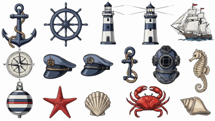 Nautical objects and symbols collection for maritime themes.