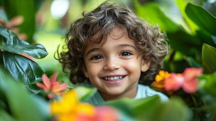 A cheerful child with curly hair smiling in a park surrounded by lush greenery and vibrant flowers on a sunny day with smiling face and park scenery and happy expression and outdoor setting