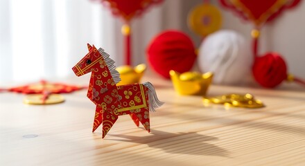 Vibrant Paper Craft Horse Display Indoor Studio Artistic Decor Colorful Environment Close-up Viewpoint