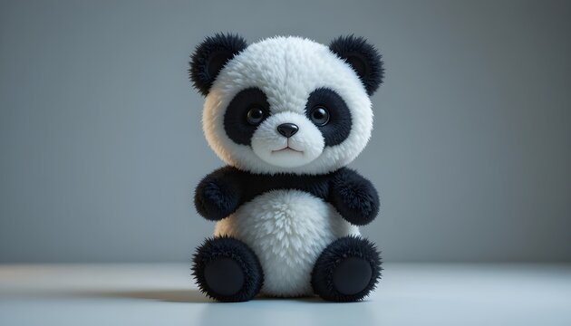 Soft stuffed panda toy with fluffy texture, clean studio lighting
