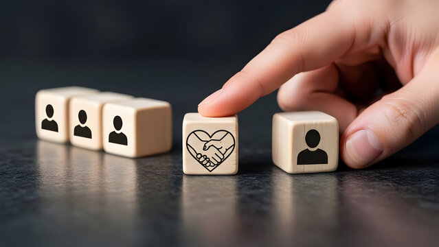 Hand selecting a wooden cube with a heart and handshake icon representing teamwork and support for concepts of charity and community
