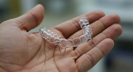 Clear plastic dental aligner held in a hand orthodontic