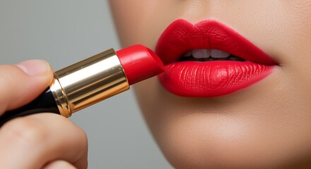 Closeup of a person applying bright red lipstick with a gold tube