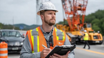 Mastering the Construction: An astute construction worker in a safety vest meticulously documents on-site activities, flanked by machinery.