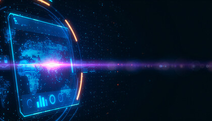 Digital holographic screen displaying world map with data analytics and glowing light beam