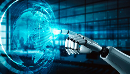 Robot hand touching holographic world map with digital network interface