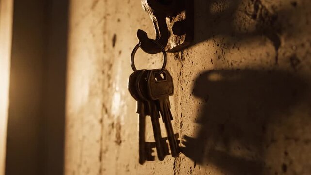 Antique Keys Hanging on a Rusty Hook Against a Textured Concrete Wall Dramatic Lighting Evoking Mystery and Suspense