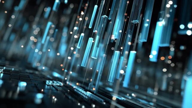 Abstract Digital Data Stream: An artistic portrayal of a digital data stream, comprised of shimmering, light-infused cylinders, flowing in a mesmerizing display of modern technology.