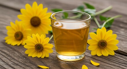 Glass of tea with yellow sunflowers on a wooden surface