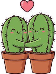 Kawaii Cactus Couple Hugging with Pink Heart IllustrationKawaii Cactus Couple Hugging with Pink Heart Illustration