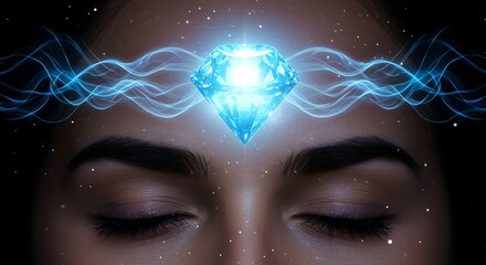 Glowing Blue Gem on a Person's Forehead with Wavy Energy Lines