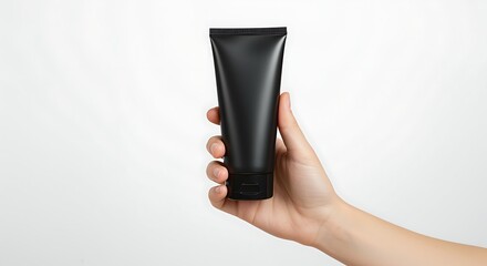 Hand Holding Black Tube Against White Background