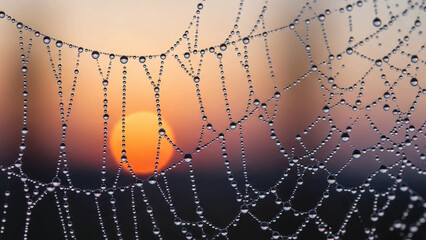 Intricate spider web pattern with morning dew drops on dark background