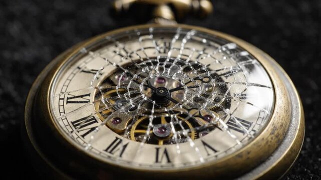 Antique Pocket Watch with Shattered Crystal Face and Exposed Intricate Mechanism Macro Shot