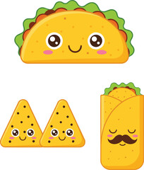 Kawaii Mexican Food Set with Cute Taco, Burrito, and Nacho CharactersKawaii Mexican Food Set with Cute Taco, Burrito, and Nacho Characters