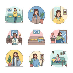 Fototapeta premium Woman's Daily Life Moments: Home, Work, and Reflection Illustrations