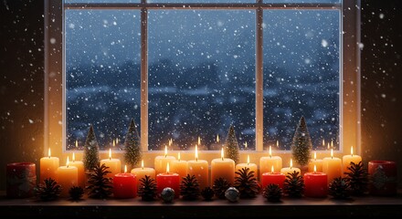 Lit candles and small Christmas trees on a windowsill during a snowy night