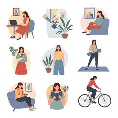 Woman's Daily Life Activities: Working, Reading, Yoga, Cycling and Relaxing at Home
