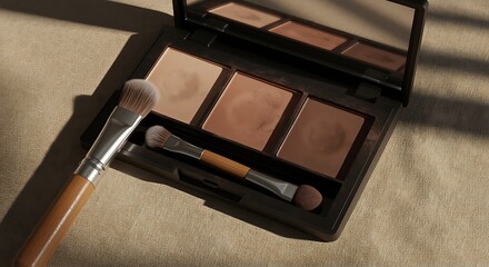 Open makeup palette with three shades and brushes on beige fabric