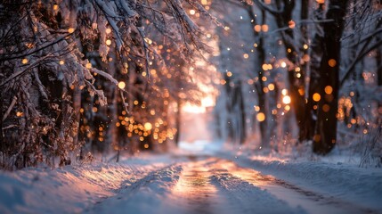 Serene Winter Forest Pathway Awash in Gentle Snowfall and Glowing Lights at Sunset