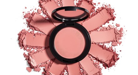 Pink makeup powder with black compact case surrounded by scattered powder