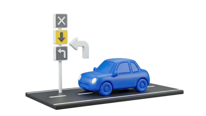 3D Blue Car and Road Signs