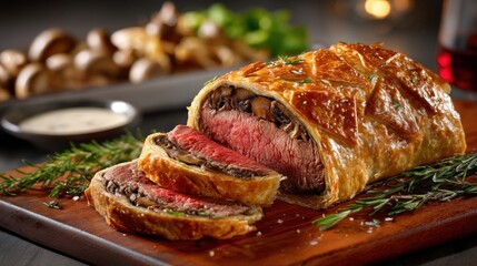 Delicious Beef Wellington with Flaky Crust and Rich Mushroom Filling Served on a Rustic Wooden Board