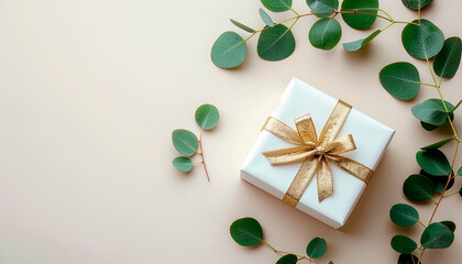 Elegant white gift box with gold ribbon and eucalyptus leaves, flat lay on beige background.