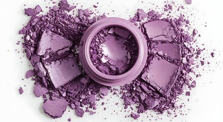 Purple eyeshadow palette with scattered pieces on white background