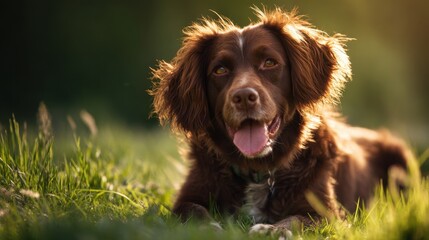 Calm Brown Springer Spaniel Sitting in a Fresh Spring Meadow with Soft Sunlight Streaming Through the Greenery