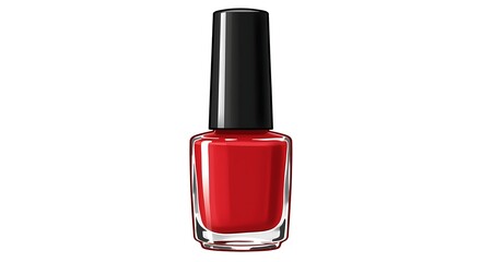 Red nail polish bottle with black cap on white background