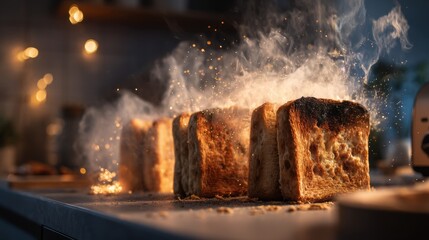 Overcooked Toast with Smoke and Sparks on Kitchen Counter in Evening Light