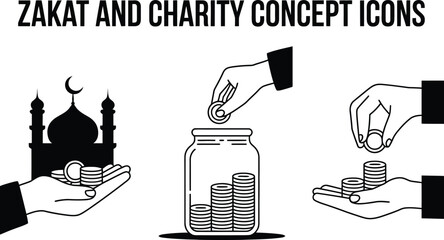 Zakat and charity concept icons illustration with mosque and coins on white background Vector illustration