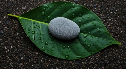 Smooth gray stone on a large green leaf with water droplets