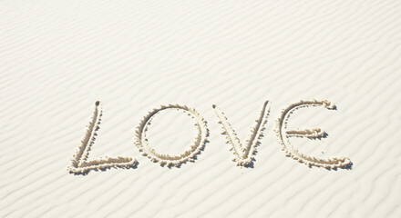 Beautiful word LOVE softly written in smooth white sand with gentle ripples under bright clear sunlight. AI Generated