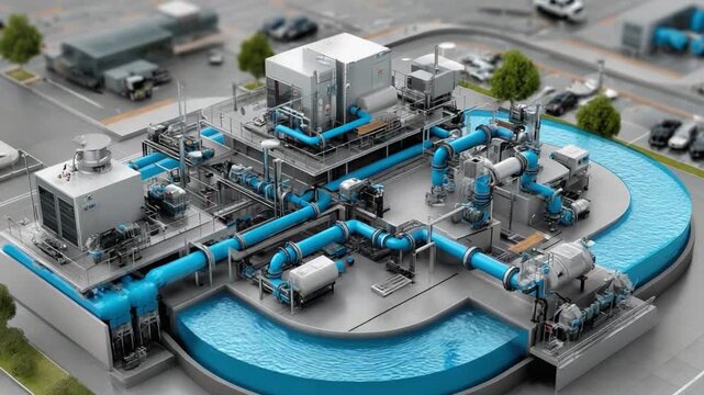 Water Plant Infrastructure: The infrastructure of water plant with a complex network of pipelines and equipment, symbolizing modern industrial processes and the sustainable management of resources.