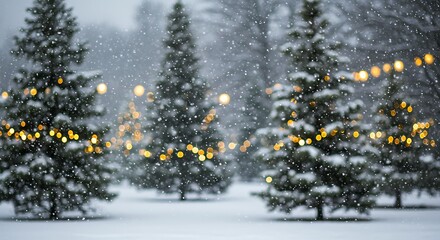 Snowy Christmas Trees with Warm String Lights in Winter Night