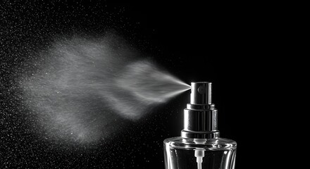 Spray mist from a silver perfume bottle against a black background