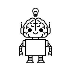 line art illustration featuring a cute robot with a visible brain and a glowing light bulb above its head.