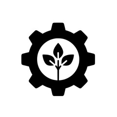 A black silhouette vector illustration combining a mechanical gear element with a growing plant sprout.