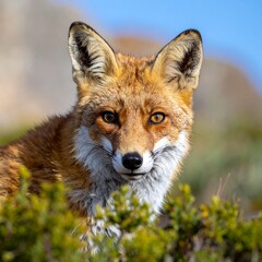 Obraz premium Close-up portrait of a red fox peering through green foliage with intense gaze.