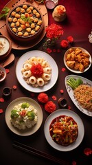 Reunion dinner flatlay with traditional Chinese festive dishes, phone wallpaper