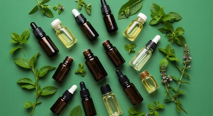 Various essential oil bottles and green leaves on a green background