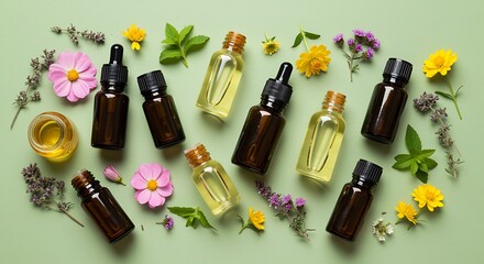 Various essential oil bottles surrounded by flowers and leaves on a green background
