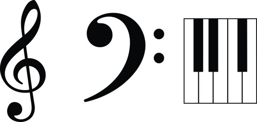 Music notation symbols illustration featuring treble clef bass clef and piano keyboard keys isolated on white background vector design © Afsana Creatives