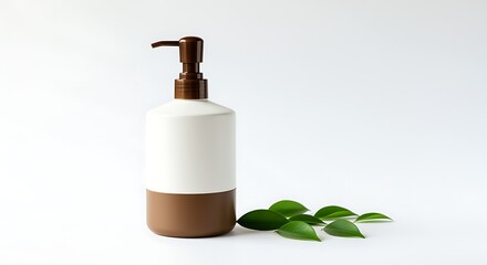 White and brown soap dispenser with green leaves on a white background